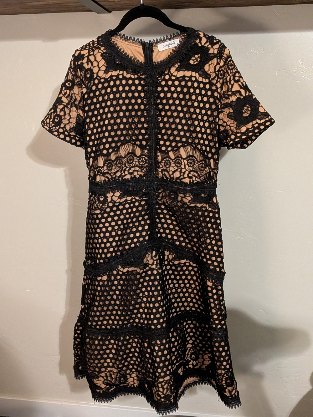 Black Lace Overlay Short Sleeve Dress with Nude Lining